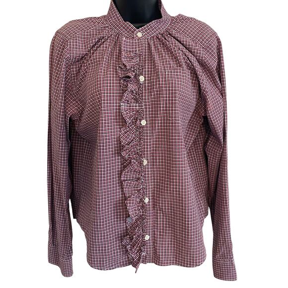 Kate McHale Tops - KMJ Kate McHale Jensen Demi Fit Ruffle Front Shirt Women Sz Small Burgundy Check